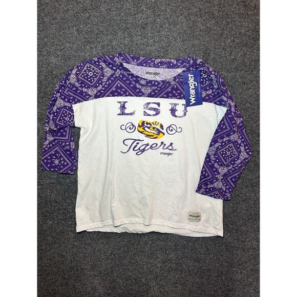 LSU Tigers Wrangler Women's Paisley Raglan Shirt Size Small White Purple NWT - Picture 1 of 3
